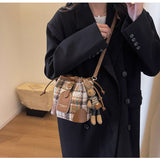 Evafashion woolen plaid crossbody bucket bag HZ1024