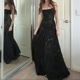 Ndyad Sheath Spaghetti Strap Long Prom Dress Applique Black Formal Evening Dress HZ1024