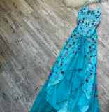 Ndyad Mermaid Halter Backless Prom Dress Chiffon Beaded Dress Fairy Blue Formal Evening Dress HZ1024