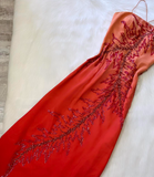 Ndyad Sheath Spaghetti Strap Prom Dress Satin Beaded Dress Elegant Gradient Red Formal Evening Dress HZ1024