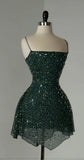 Ndyad Sheath Spaghetti Strap Formal Dress Short Party Dress Chiffon Dark Green Homecoming Dress HZ1024