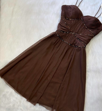 Ndyad Chocolate A-Line Short Birthday Party Dress Spaghetti Strap Homecoming Dress HZ1024