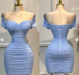 Ndyad Blue Bodycon Short Birthday Party Dress Off-the-Shoulder Short Sleeve Homecoming Dress HZ1024
