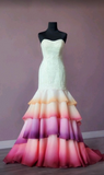Ndyad Strapless Mermaid Tiered Tulle Long Prom Dress Appliques Formal Evening Dress HZ1024