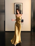 Ndyad Spaghetti Strap Sheath Satin Birthday Dress Yellow Formal Evening Gowns HZ1024