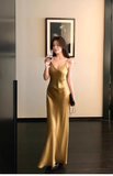 Ndyad Spaghetti Strap Sheath Satin Birthday Dress Yellow Formal Evening Gowns HZ1024