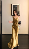 Ndyad Spaghetti Strap Sheath Satin Birthday Dress Yellow Formal Evening Gowns HZ1024