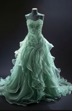 Ndyad Sweetheart A-Line Tulle Beaded Long Prom Dresses, Green Quinceanera Dresses HZ1024