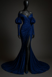 Ndyad Off-the-shoulder Mermaid Glitter Satin Long Prom Dresses, Blue Formal Evening Gowns HZ1024