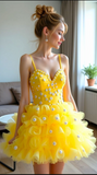Ndyad Spaghetti Strap Ball Gown Tulle Short Prom Dress Yellow Homecoming Dress HZ1024