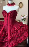 Ndyad Off-the-shoulder Ball Gown Lace Short Prom Dress Burgundy Birthday Dress Lolita Dress HZ1024