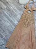 Ndyad Halter Sheath Chiffon Sequin Long Prom Dress Backless Champagne Formal Evening Dress HZ1024