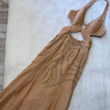 Ndyad Halter Sheath Chiffon Sequin Long Prom Dress Backless Champagne Formal Evening Dress HZ1024