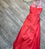 Ndyad Halter Sheath Chiffon Satin Beaded Long Prom Dress Backless Red Formal Evening Dress HZ1024