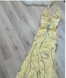 Ndyad Halter Sheath Chiffon Beaded Long Prom Dress Backless Yellow Formal Evening Dress HZ1024