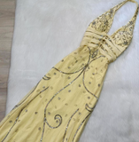 Ndyad Halter Sheath Chiffon Beaded Long Prom Dress Backless Yellow Formal Evening Dress HZ1024