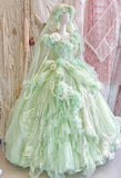 Ndyad V-neck Ball Gown Tulle Applique Long Prom Dresses Green Sweet 16 Dress HZ1024