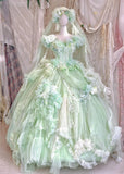 Ndyad V-neck Ball Gown Tulle Applique Long Prom Dresses Green Sweet 16 Dress HZ1024