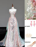Ndyad Strapless Sheath Sequined Long Prom Dresses Pink Sweet 16 Dress HZ1024