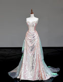 Ndyad Strapless Sheath Sequined Long Prom Dresses Pink Sweet 16 Dress HZ1024