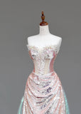 Ndyad Strapless Sheath Sequined Long Prom Dresses Pink Sweet 16 Dress HZ1024