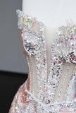 Ndyad Strapless Sheath Sequined Long Prom Dresses Pink Sweet 16 Dress HZ1024