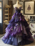 Ndyad Sweetheart Ball Gown Tulle Beaded Applique Long Prom Dresses Gradient Purple Sweet 16 Dress HZ1024