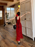 Evafashion retro red V-neck floral vest long skirt HZ1024
