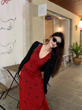 Evafashion retro red V-neck floral vest long skirt HZ1024