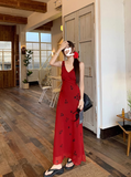 Evafashion retro red V-neck floral vest long skirt HZ1024