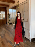 Evafashion retro red V-neck floral vest long skirt HZ1024