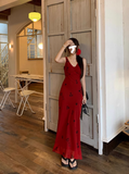 Evafashion retro red V-neck floral vest long skirt HZ1024