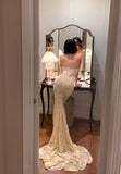 Ndyad Mermaid Strapless Tulle Applique Long Prom Dresses Light Champagne Formal Evening Gowns HZ1024
