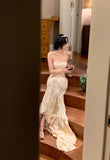 Ndyad Mermaid Strapless Tulle Applique Long Prom Dresses Light Champagne Formal Evening Gowns HZ1024