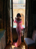 Ndyad Mermaid Off-the-shoulder Chiffon Ruffle Long Birthday Dresses Pink Formal Evening Gowns HZ1024