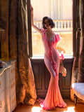 Ndyad Mermaid Off-the-shoulder Chiffon Ruffle Long Birthday Dresses Pink Formal Evening Gowns HZ1024