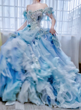 Ndyad Ball Gown Off-the-shoulder Tulle Beaded Long Prom Dresses Blue Birthday Dresses HZ1024
