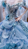 Ndyad Ball Gown Off-the-shoulder Tulle Beaded Long Prom Dresses Blue Birthday Dresses HZ1024
