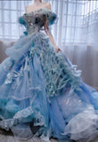 Ndyad Ball Gown Off-the-shoulder Tulle Beaded Long Prom Dresses Blue Birthday Dresses HZ1024