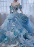 Ndyad Ball Gown Off-the-shoulder Tulle Beaded Long Prom Dresses Blue Birthday Dresses HZ1024