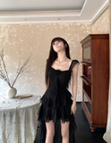 Evafashion Square Neck Black Ruffle Suspender Dress HZ1024