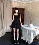 Evafashion Square Neck Black Ruffle Suspender Dress HZ1024