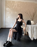 Evafashion Square Neck Black Ruffle Suspender Dress HZ1024