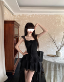 Evafashion Square Neck Black Ruffle Suspender Dress HZ1024