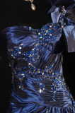 Ndyad One-shoulder Sheath Satin Beaded Long Prom Dresses, Navy Blue Formal Evening Gowns HZ1024