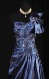Ndyad One-shoulder Sheath Satin Beaded Long Prom Dresses, Navy Blue Formal Evening Gowns HZ1024