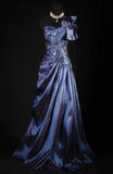 Ndyad One-shoulder Sheath Satin Beaded Long Prom Dresses, Navy Blue Formal Evening Gowns HZ1024