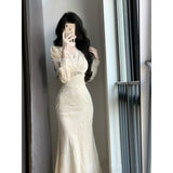 Evafashion Chinese retro long-sleeved v-neck slim dress HZ1024