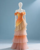Ndyad Off-the-shoulder Ball Gown Tulle Long Prom Dresses, Orange Quinceanera Dresses HZ1024