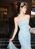 Ndyad Spaghetti Strap Sheath Long Prom Dresses with Slits, Satin Wedding Guest Dress, Pale Blue Formal Evening Dresses HZ1024